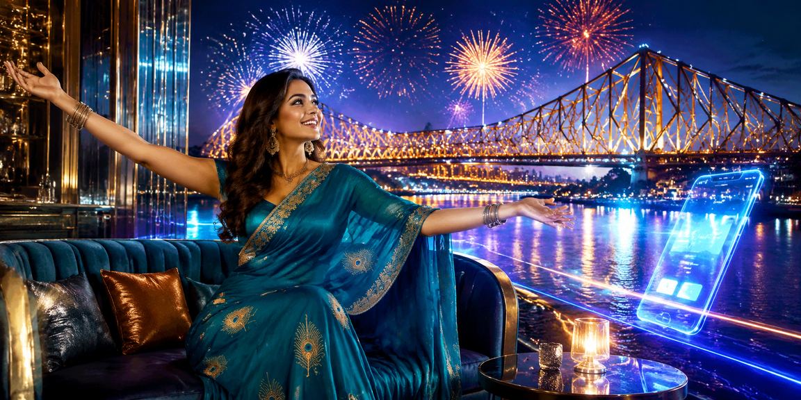 Player buying lottery ticket via mobile app in Kolkata with Howrah Bridge in background